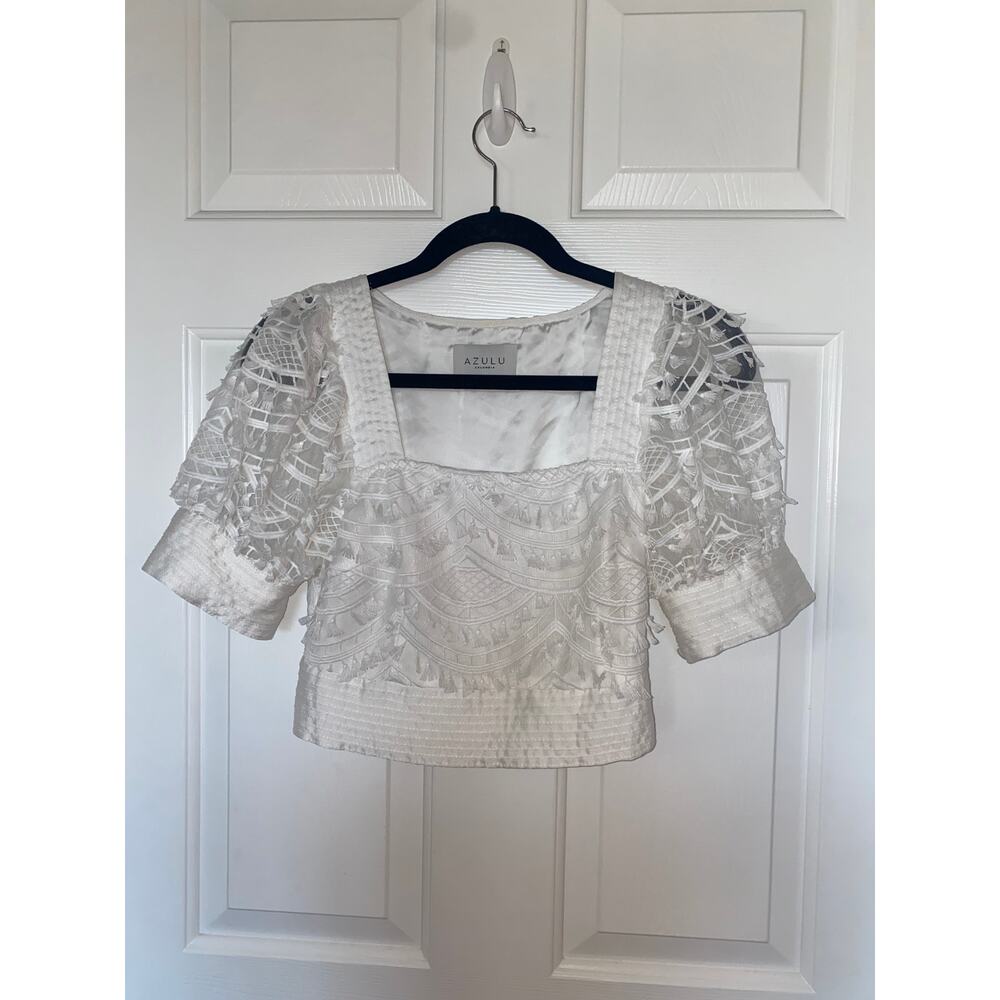Azulu Blouse Puffy Short Sleeves Square Neck Fringe Crop size XS